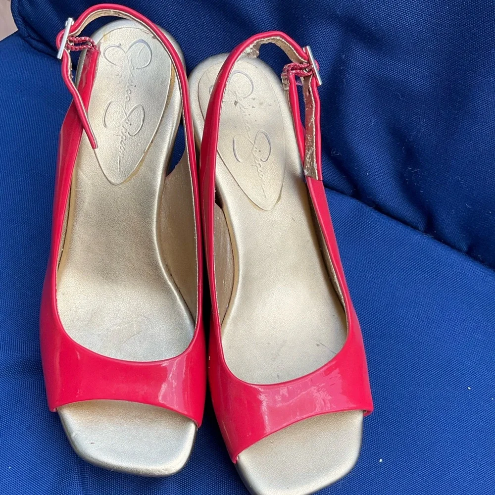 Jessica Simpson 5 1/2 Fushia Open Toe Wedges - Picture 3 of 7